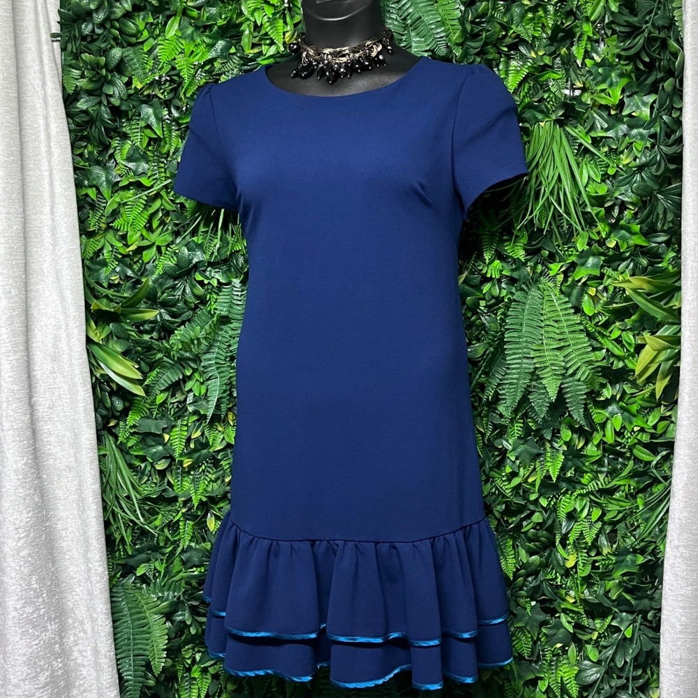 Betsey Johnson Dress Size 14 Blue Ruffle Hem Short Sleeve Sheath 4198